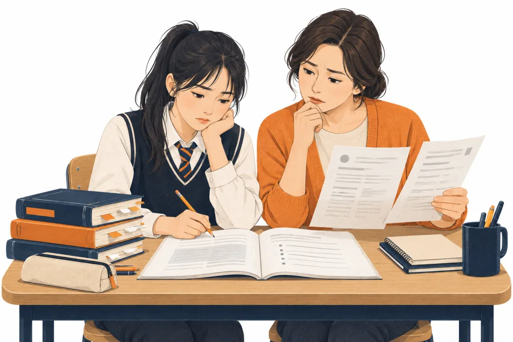 문제집을 푸는 학생 옆에서 시험지를 살펴보며 함께 고민하는 학부모