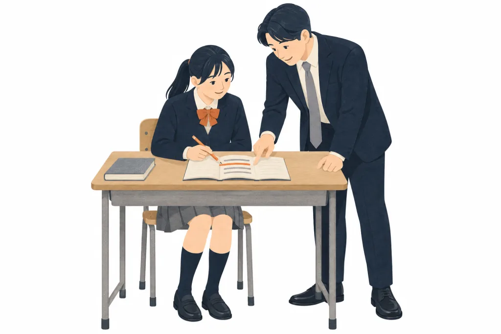 학생과 학습 안내자가 지문의 한 문장에 표시된 근거를 함께 짚는 모습